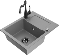Mexen Enzo 1-compartment granite sink with a drip tray and kitchen mixer tap Carla, Grey - 6506-71-670700-70-B