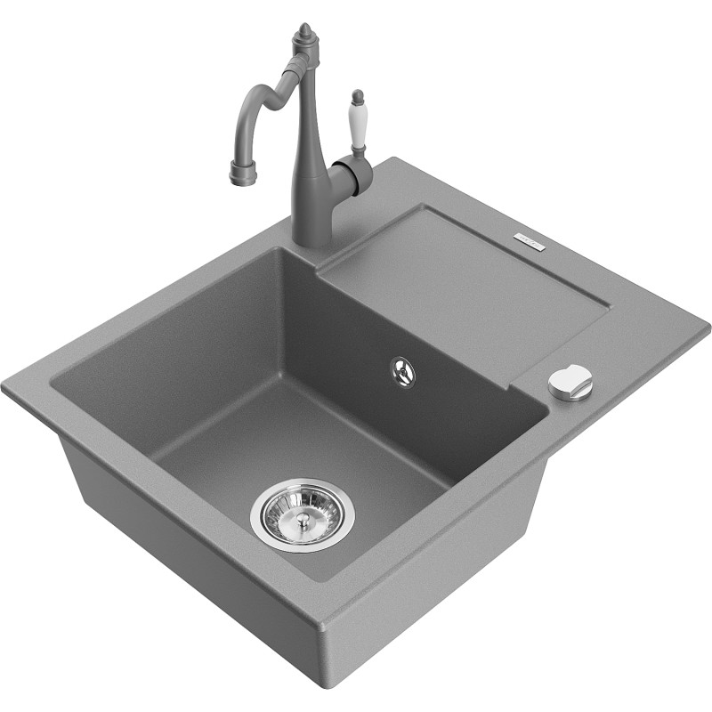 Mexen Enzo granite kitchen sink 1-bowl with drainer and kitchen faucet Carla, gray - 6506-71-670700-71