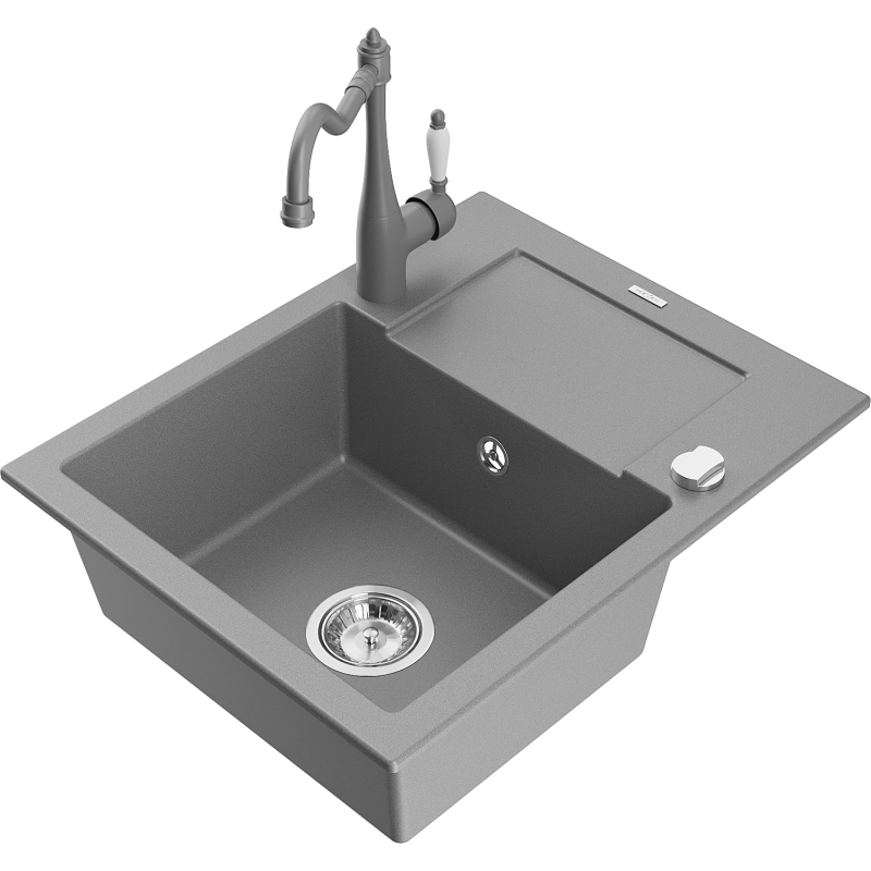 Mexen Enzo single bowl granite sink with drainer and Carla kitchen tap, grey - 6506-71-670700-71