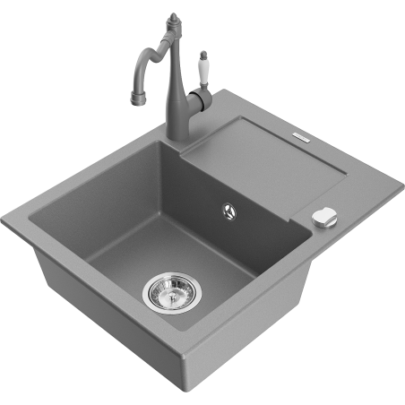 Mexen Enzo granite kitchen sink 1-bowl with drainer and kitchen faucet Carla, gray - 6506-71-670700-71