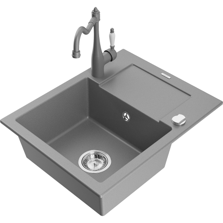 Mexen Enzo single bowl granite sink with drainer and Carla kitchen tap, grey - 6506-71-670700-71