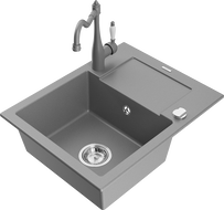 Mexen Enzo 1-compartment granite sink with a drip tray and kitchen mixer tap Carla, Grey - 6506-71-670700-71