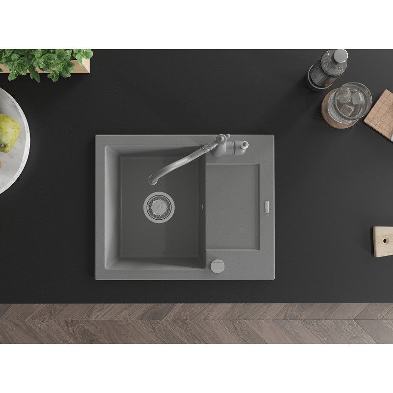 Mexen Enzo single bowl granite sink with drainer and Carla kitchen tap, grey - 6506-71-670700-71