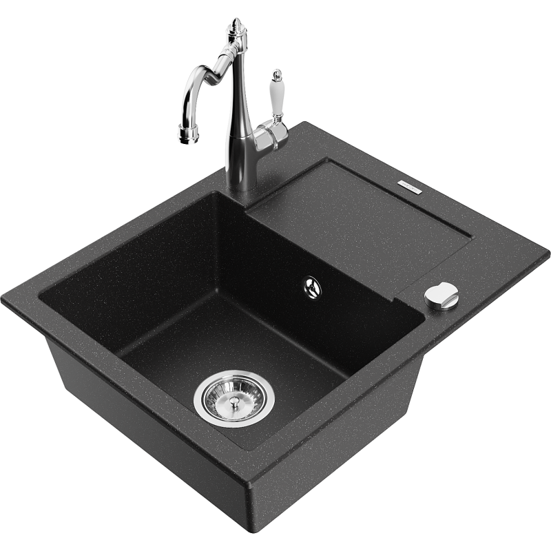 Mexen Enzo 1-compartment granite sink with a drip tray and kitchen mixer tap Carla, Black/Silver metallic - 6506-73-670700-00