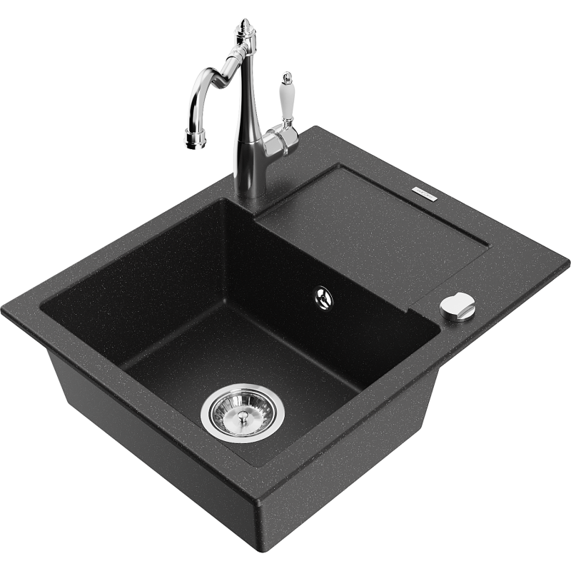 Mexen Enzo granite kitchen sink 1-bowl with drainer and Carla kitchen tap, black/silver metallic - 6506-73-670700-00