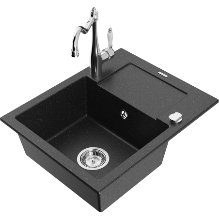 Mexen Enzo granite kitchen sink 1-bowl with drainer and Carla kitchen tap, black/silver metallic - 6506-73-670700-00