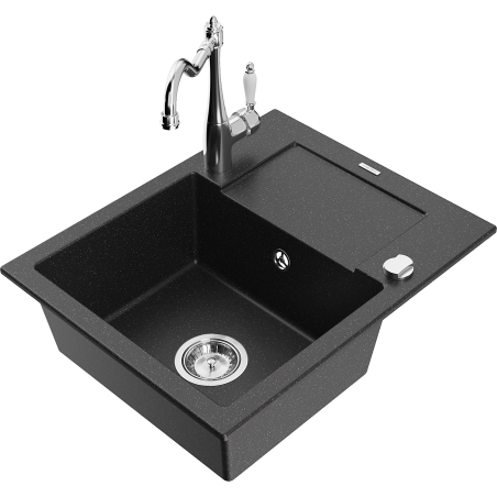 Mexen Enzo granite sink 1-bowl with drainer and kitchen faucet Carla, black/silver metallic - 6506-73-670700-00