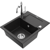 Mexen Enzo granite kitchen sink single-bowl with drainer and Carla kitchen faucet, black/silver metallic - 6506-73-670700-00