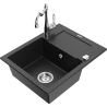 Mexen Enzo granite sink 1-bowl with drainer and kitchen faucet Carla, black/silver metallic - 6506-73-670700-00