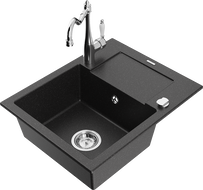 Mexen Enzo granite kitchen sink single-bowl with drainer and Carla kitchen faucet, black/silver metallic - 6506-73-670700-00