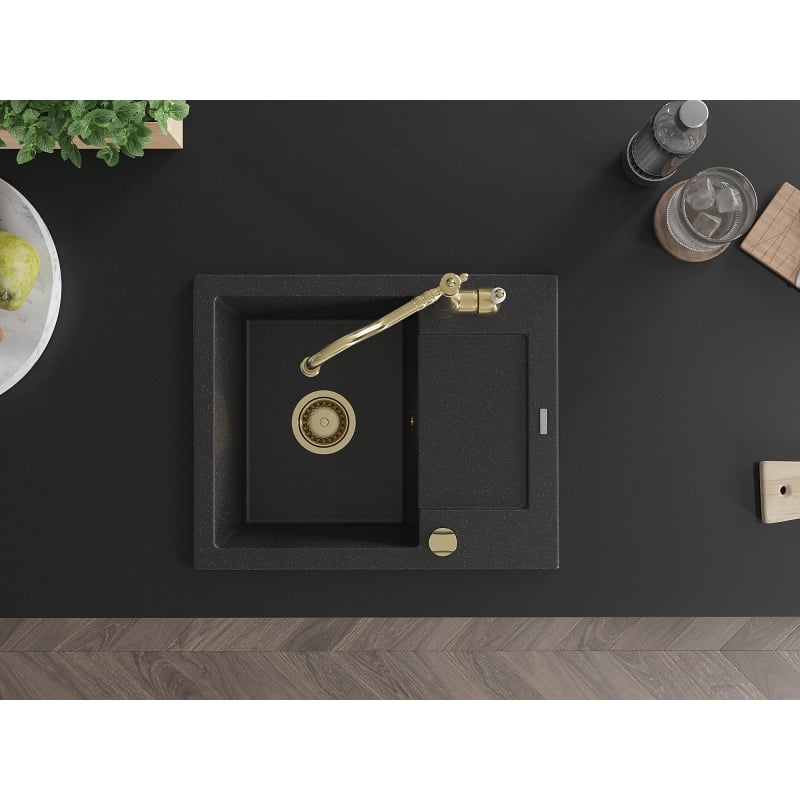 Mexen Enzo granite kitchen sink 1-bowl with drainer and Carla kitchen faucet, black/silver metallic - 6506-73-670700-50