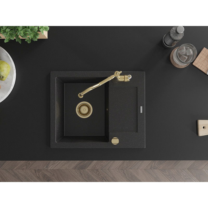 Mexen Enzo granite sink 1-bowl with drainer and Carla kitchen tap, black/silver metallic - 6506-73-670700-50