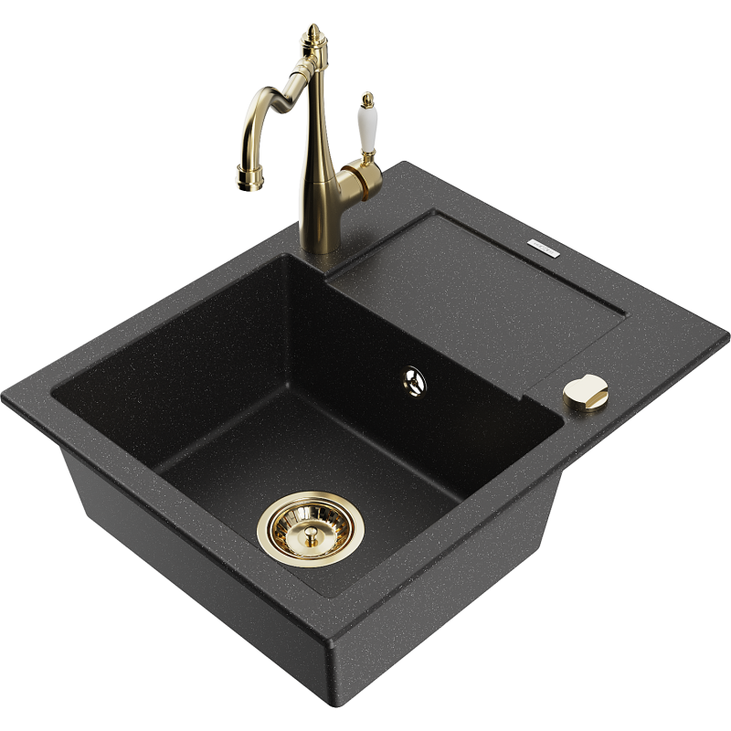 Mexen Enzo 1-compartment granite sink with a drip tray and kitchen mixer tap Carla, Black/Silver metallic - 6506-73-670700-50