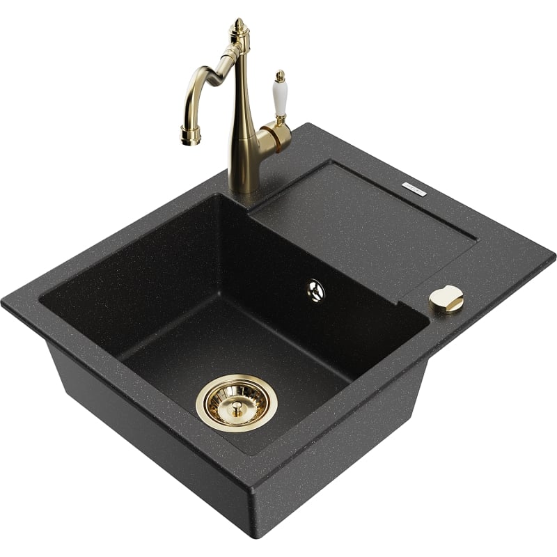 Mexen Enzo granite kitchen sink 1-bowl with drainer and Carla kitchen faucet, black/silver metallic - 6506-73-670700-50