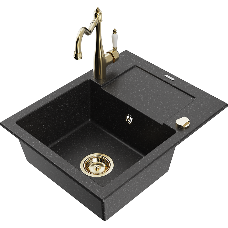 Mexen Enzo granite sink 1-bowl with drainer and Carla kitchen tap, black/silver metallic - 6506-73-670700-50