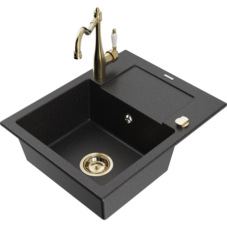 Mexen Enzo granite kitchen sink 1-bowl with drainer and Carla kitchen faucet, black/silver metallic - 6506-73-670700-50