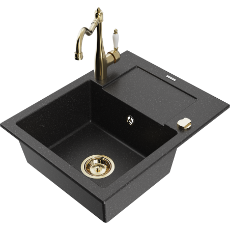 Mexen Enzo granite sink 1-bowl with drainer and kitchen faucet Carla, black/silver metallic - 6506-73-670700-50