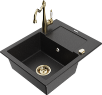 Mexen Enzo granite sink 1-bowl with drainer and kitchen faucet Carla, black/silver metallic - 6506-73-670700-50