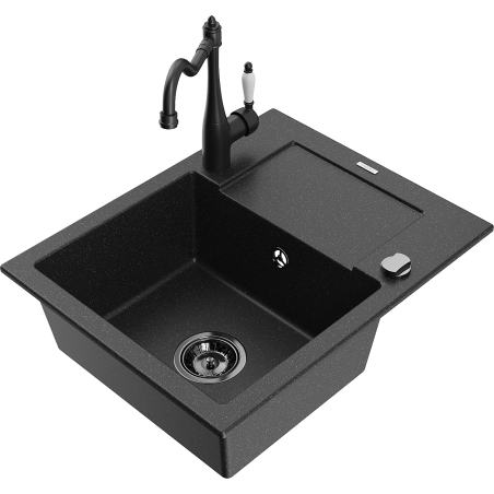 Mexen Enzo granite kitchen sink single-bowl with drainer and Carla kitchen faucet, black/silver metallic - 6506-73-670700-70-B