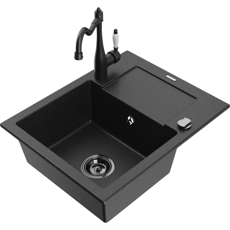 Mexen Enzo granite kitchen sink with 1 basin, drainer, and kitchen faucet Carla, black/silver metallic - 6506-73-670700-70-B