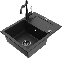 Mexen Enzo granite kitchen sink single-bowl with drainer and Carla kitchen faucet, black/silver metallic - 6506-73-670700-70-B