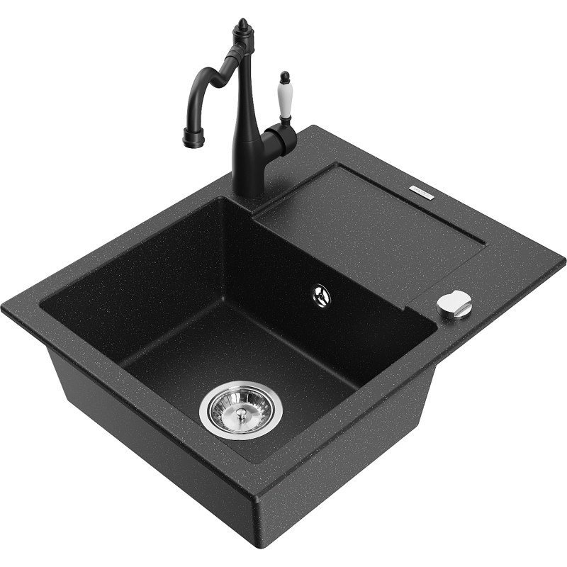 Mexen Enzo granit sink with 1 bowl, drainer, and kitchen faucet Carla, black/silver metallic - 6506-73-670700-70