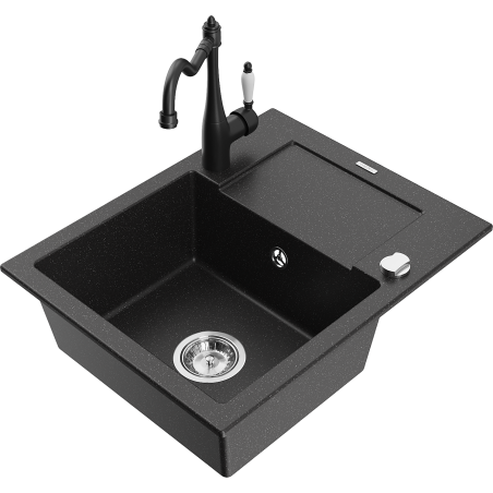 Mexen Enzo granite kitchen sink single bowl with drainer and Carla kitchen faucet, black/silver metallic - 6506-73-670700-70