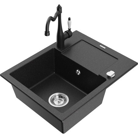 Mexen Enzo granite sink 1-basin with drainer and Carla kitchen tap, black/silver metallic - 6506-73-670700-70