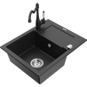 Mexen Enzo granite kitchen sink single bowl with drainer and Carla kitchen faucet, black/silver metallic - 6506-73-670700-70