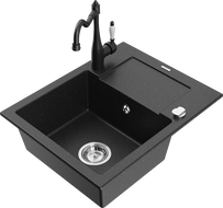Mexen Enzo 1-compartment granite sink with a drip tray and kitchen mixer tap Carla, Black/Silver metallic - 6506-73-670700-70