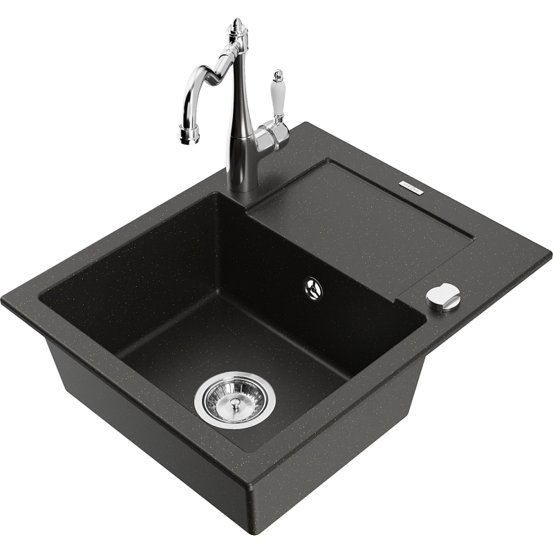 Mexen Enzo 1-compartment granite sink with a drip tray and kitchen mixer tap Carla, Black/Gold metallic - 6506-75-670700-00