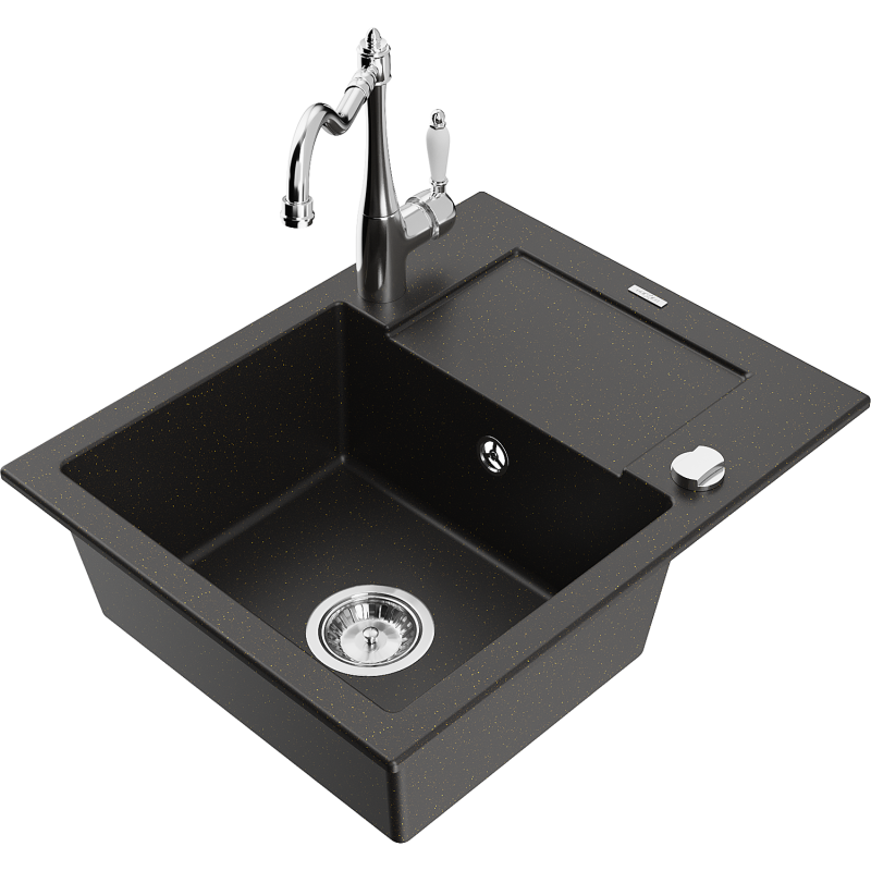 Mexen Enzo granite kitchen sink 1-bowl with drainer and Carla kitchen tap, black/golden metallic - 6506-75-670700-00