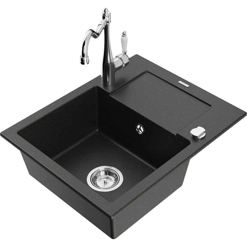Mexen Enzo Granite kitchen sink 1-bowl with drainer and kitchen faucet Carla, black/gold metallic - 6506-75-670700-00