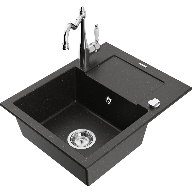 Mexen Enzo granite kitchen sink single-bowl with drainer and kitchen faucet Carla, black/gold metallic - 6506-75-670700-00