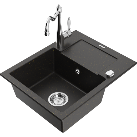 Mexen Enzo Granite kitchen sink 1-bowl with drainer and kitchen faucet Carla, black/gold metallic - 6506-75-670700-00