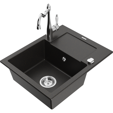 Mexen Enzo granite kitchen sink single-bowl with drainer and kitchen faucet Carla, black/gold metallic - 6506-75-670700-00