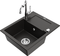 Mexen Enzo 1-compartment granite sink with a drip tray and kitchen mixer tap Carla, Black/Gold metallic - 6506-75-670700-00