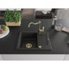 Mexen Enzo granite kitchen sink 1-bowl with drainer and kitchen faucet Carla, black/gold metallic - 6506-75-670700-50