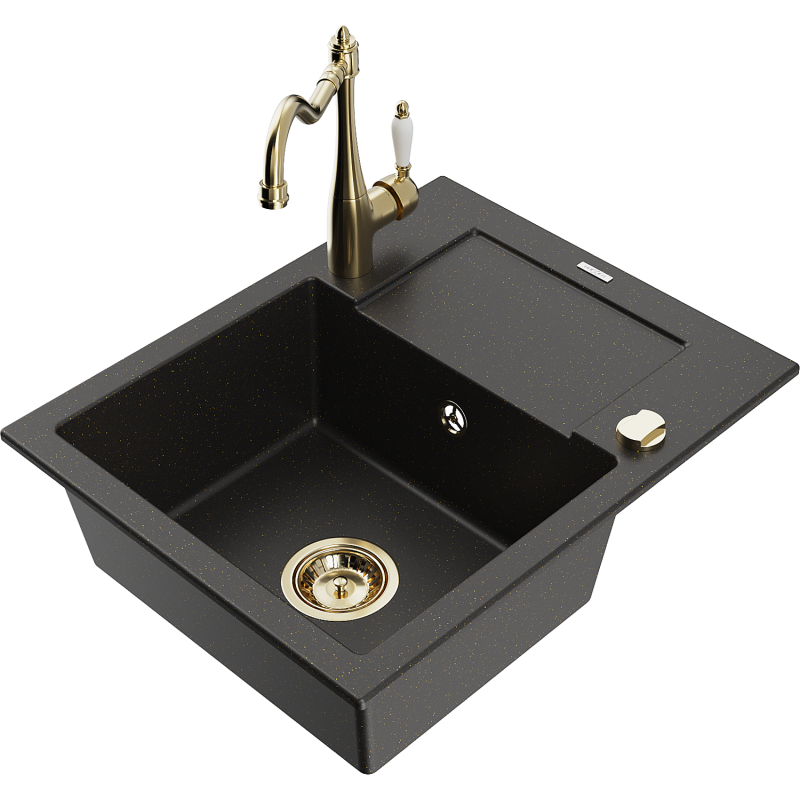 Mexen Enzo 1-Bowl Granite Kitchen Sink with Drainer and Carla Mixer Tap, Black/Gold Metallic - 6506-75-670700-50