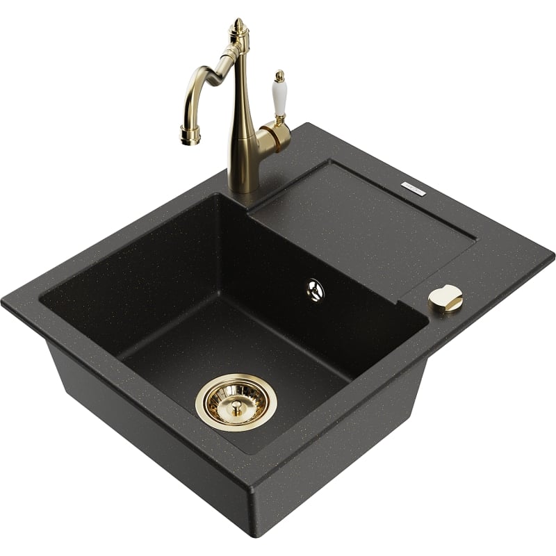 Mexen Enzo granite kitchen sink 1-bowl with drainer and kitchen faucet Carla, black/gold metallic - 6506-75-670700-50