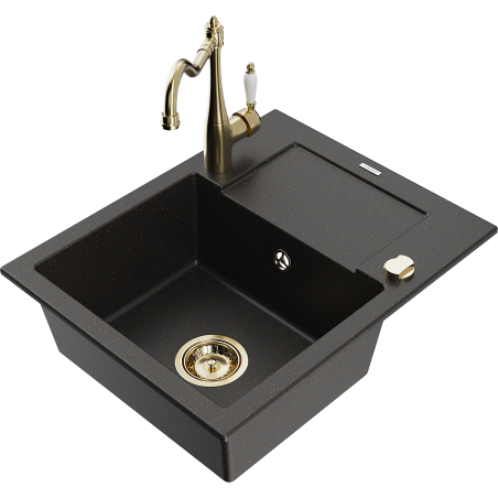 Mexen Enzo 1-Bowl Granite Kitchen Sink with Drainer and Carla Mixer Tap, Black/Gold Metallic - 6506-75-670700-50