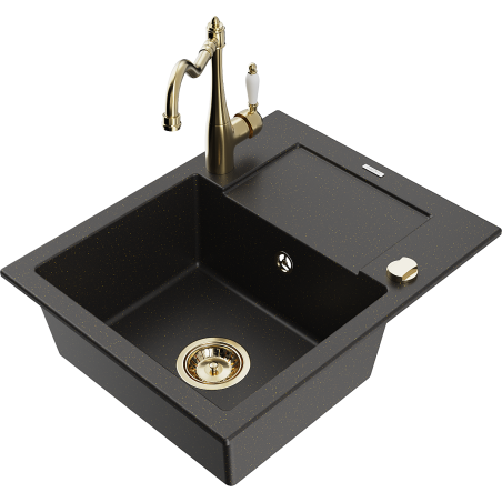Mexen Enzo granite kitchen sink 1-bowl with drainer and kitchen faucet Carla, black/gold metallic - 6506-75-670700-50