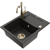 Mexen Enzo 1-Bowl Granite Kitchen Sink with Drainer and Carla Mixer Tap, Black/Gold Metallic - 6506-75-670700-50