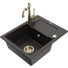Mexen Enzo granite kitchen sink 1-bowl with drainer and kitchen faucet Carla, black/gold metallic - 6506-75-670700-50
