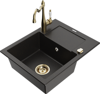 Mexen Enzo granite kitchen sink 1-bowl with drainer and kitchen faucet Carla, black/gold metallic - 6506-75-670700-50