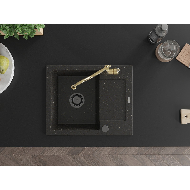 Mexen Enzo 1-bowl granite sink with drainer and kitchen faucet Carla, black/golden metallic - 6506-75-670700-50-B