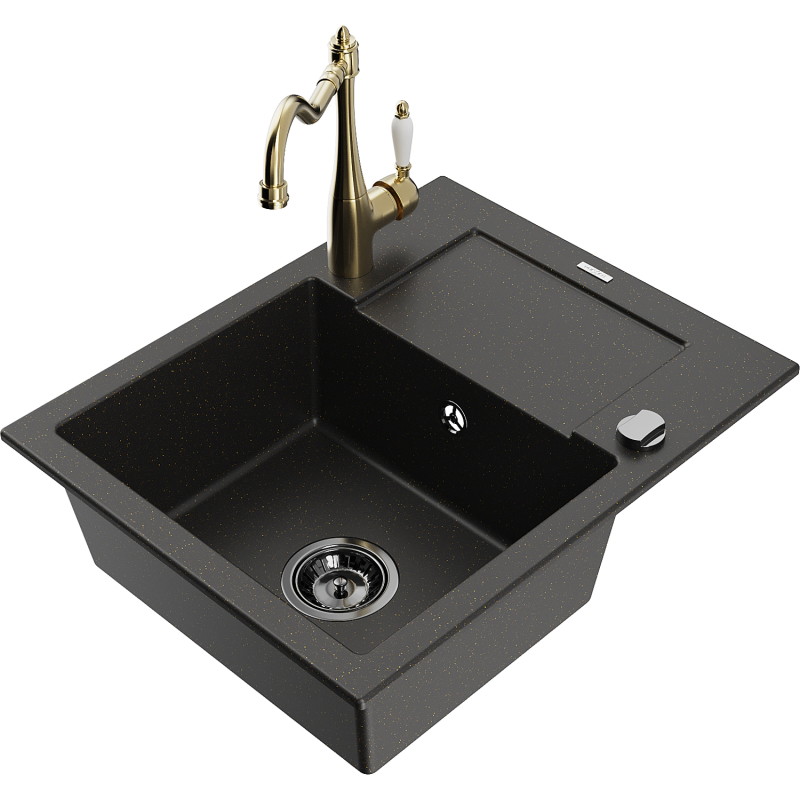 Mexen Enzo 1-bowl granite sink with drainer and kitchen faucet Carla, black/golden metallic - 6506-75-670700-50-B