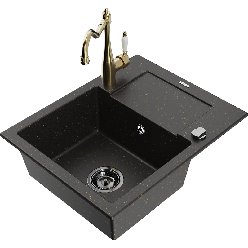 Mexen Enzo 1-compartment granite sink with a drip tray and kitchen mixer tap Carla, Black/Gold metallic - 6506-75-670700-50-B