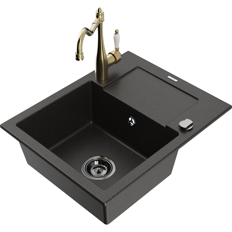 Mexen Enzo granite sink 1-bowl with drainer and kitchen tap Carla, black/gold metallic - 6506-75-670700-50-B