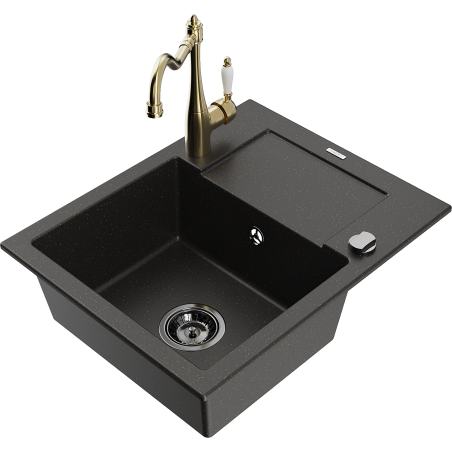 Mexen Enzo 1-bowl granite sink with drainer and Carla kitchen faucet, black/gold metallic - 6506-75-670700-50-B